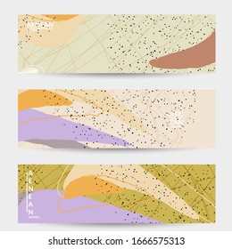 Minimal abstract vector banner template. Organic grunge textured overlapping wavy shapes and lines. Scribbled hand drawn pastel colored background. Striped dotted leaf forms. Contemporary design.
