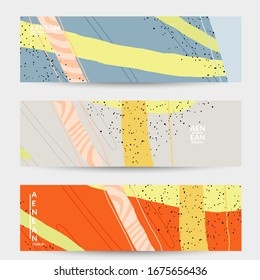 Minimal abstract vector banner template. Organic grunge textured overlapping wavy shapes and lines. Scribbled hand drawn pastel colored background. Striped dotted leaf forms. Contemporary design.
