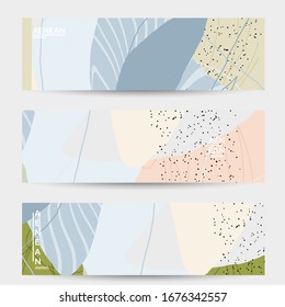 Minimal abstract vector banner template. Organic grunge textured overlapping wavy shapes and lines. Scribbled hand drawn pastel colored background. Striped dotted leaf forms. Contemporary design.
