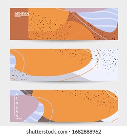 Minimal abstract vector banner template. Organic grunge textured overlapping wavy shapes and lines. Scribbled hand drawn pastel colored background. Striped dotted leaf forms. Contemporary design.
