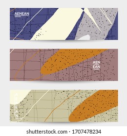 Minimal abstract vector banner template. Organic grunge textured overlapping wavy shapes and lines. Scribbled hand drawn pastel colored background. Striped dotted leaf forms. Contemporary design.
