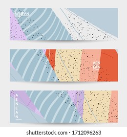 Minimal abstract vector banner template. Organic grunge textured overlapping wavy shapes and lines. Scribbled hand drawn pastel colored background. Striped dotted leaf forms. Contemporary design.
