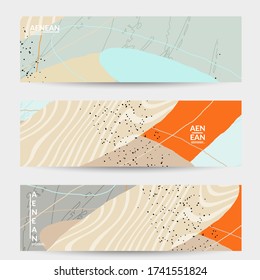 Minimal abstract vector banner template. Organic grunge textured overlapping wavy shapes and lines. Scribbled hand drawn pastel colored background. Striped dotted leaf forms. Contemporary design.

