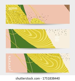 Minimal abstract vector banner template. Organic grunge textured overlapping wavy shapes and lines. Scribbled hand drawn pastel colored background. Striped dotted leaf forms. Contemporary design.
