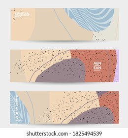 Plantilla mínima de banner vector abstracto. Grunge orgánico texturado que se solapa con formas y líneas onduladas. Fondo de color pastel dibujado a mano con grillos. Formas de hojas punteadas a rayas. Diseño contemporáneo.

