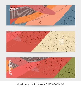 Minimal abstract vector banner template. Organic grunge textured overlapping wavy shapes and lines. Scribbled hand drawn pastel colored background. Striped dotted leaf forms. Contemporary design.
