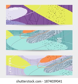 Minimal abstract vector banner template. Organic grunge textured overlapping wavy shapes and lines. Scribbled hand drawn pastel colored background. Striped dotted leaf forms. Contemporary design.
