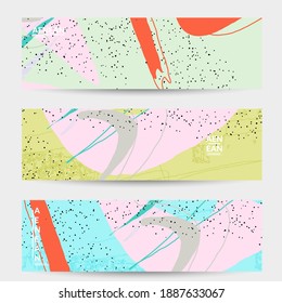 Minimal abstract vector banner template. Organic grunge textured overlapping wavy shapes and lines. Scribbled hand drawn pastel colored background. Striped dotted leaf forms. Contemporary design.
