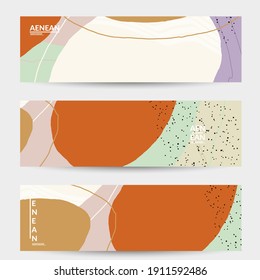 Minimal abstract vector banner template. Organic grunge textured overlapping wavy shapes and lines. Scribbled hand drawn pastel colored background. Striped dotted leaf forms. Contemporary design.

