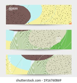 Minimal abstract vector banner template. Organic grunge textured overlapping wavy shapes and lines. Scribbled hand drawn pastel colored background. Striped dotted leaf forms. Contemporary design.
