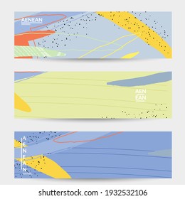 Minimal abstract vector banner template. Organic grunge textured overlapping wavy shapes and lines. Scribbled hand drawn pastel colored background. Striped dotted leaf forms. Contemporary design.
