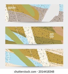 Minimal abstract vector banner template. Organic grunge textured overlapping wavy shapes and lines. Scribbled hand drawn pastel colored background. Striped dotted leaf forms. Contemporary design.
