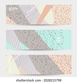 Minimal abstract vector banner template. Organic grunge textured overlapping wavy shapes and lines. Scribbled hand drawn pastel colored background. Striped dotted leaf forms. Contemporary design.
