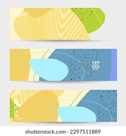 Minimal abstract vector banner template. Organic grunge textured overlapping wavy shapes and lines. Scribbled hand drawn pastel colored background. Striped dotted leaf forms. Contemporary design.
