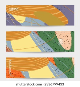 Minimal abstract vector banner template. Organic grunge textured overlapping wavy shapes and lines. Scribbled hand drawn pastel colored background. Striped dotted leaf forms. Contemporary design.
