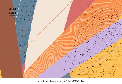 Minimal abstract vector cover template. Organic grunge textured overlapping wavy shapes and lines. Scribbled hand drawn pastel colored background. Striped dotted leaf forms. Contemporary design.