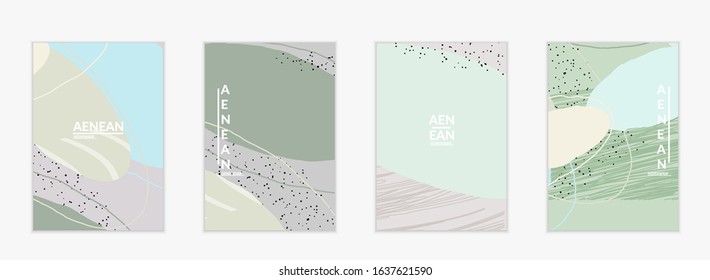 Minimal abstract vector cover template. Organic grunge textured overlapping wavy shapes and lines. Scribbled hand drawn pastel colored background. Striped dotted leaf forms. Contemporary design.