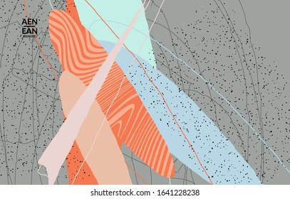 Minimal abstract vector cover template. Organic grunge textured overlapping wavy shapes and lines. Scribbled hand drawn pastel colored background. Striped dotted leaf forms. Contemporary design.