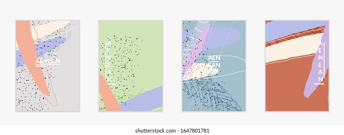 Minimal abstract vector cover template. Organic grunge textured overlapping wavy shapes and lines. Scribbled hand drawn pastel colored background. Striped dotted leaf forms. Contemporary design.