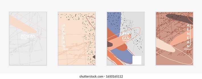 Minimal abstract vector cover template. Organic grunge textured overlapping wavy shapes and lines. Scribbled hand drawn pastel colored background. Striped dotted leaf forms. Contemporary design.