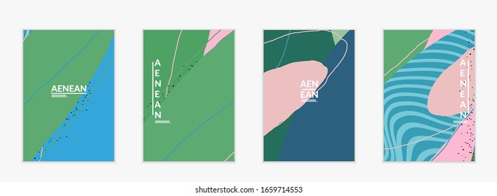 Minimal abstract vector cover template. Organic grunge textured overlapping wavy shapes and lines. Scribbled hand drawn pastel colored background. Striped dotted leaf forms. Contemporary design.