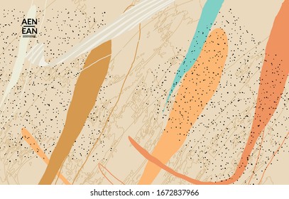 Minimal abstract vector cover template. Organic grunge textured overlapping wavy shapes and lines. Scribbled hand drawn pastel colored background. Striped dotted leaf forms. Contemporary design.