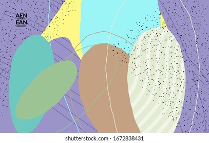 Minimal abstract vector cover template. Organic grunge textured overlapping wavy shapes and lines. Scribbled hand drawn pastel colored background. Striped dotted leaf forms. Contemporary design.