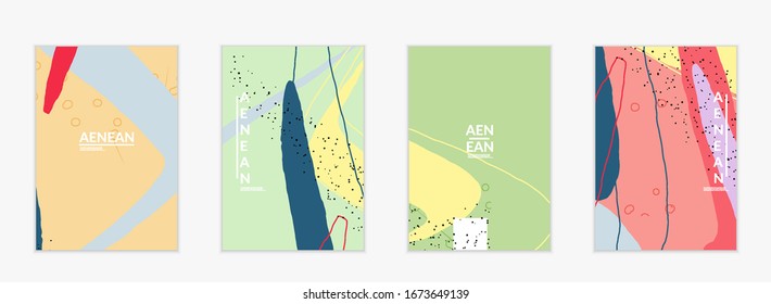 Minimal abstract vector cover template. Organic grunge textured overlapping wavy shapes and lines. Scribbled hand drawn pastel colored background. Striped dotted leaf forms. Contemporary design.