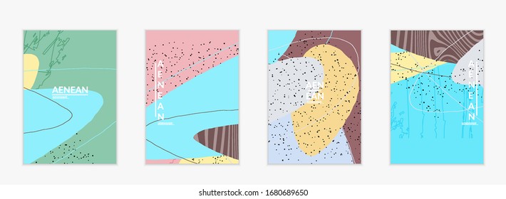 Minimal abstract vector cover template. Organic grunge textured overlapping wavy shapes and lines. Scribbled hand drawn pastel colored background. Striped dotted leaf forms. Contemporary design.