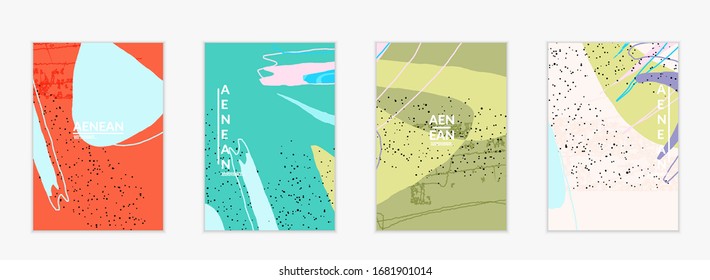 Minimal abstract vector cover template. Organic grunge textured overlapping wavy shapes and lines. Scribbled hand drawn pastel colored background. Striped dotted leaf forms. Contemporary design.