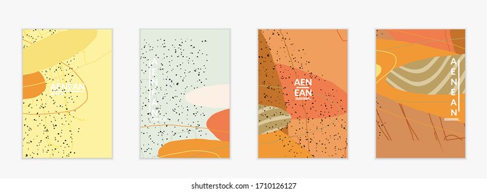 Minimal abstract vector cover template. Organic grunge textured overlapping wavy shapes and lines. Scribbled hand drawn pastel colored background. Striped dotted leaf forms. Contemporary design.