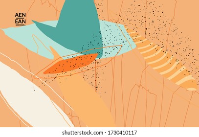 Minimal abstract vector cover template. Organic grunge textured overlapping wavy shapes and lines. Scribbled hand drawn pastel colored background. Striped dotted leaf forms. Contemporary design.