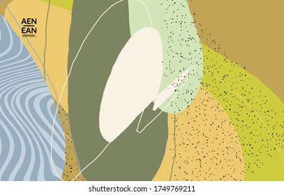Minimal abstract vector cover template. Organic grunge textured overlapping wavy shapes and lines. Scribbled hand drawn pastel colored background. Striped dotted leaf forms. Contemporary design.