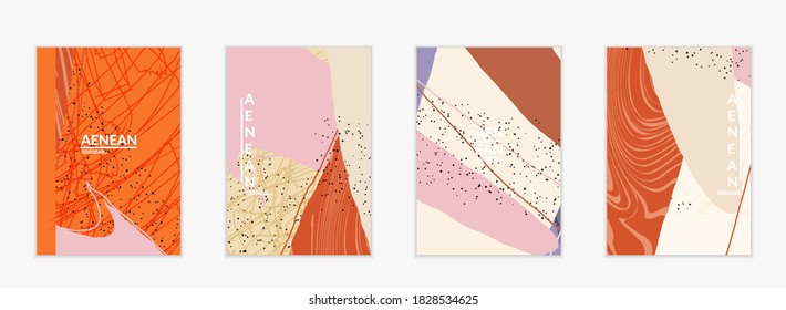 Plantilla mínima de cobertura vectorial abstracta. Grunge orgánico texturado que se solapa con formas y líneas onduladas. Fondo de color pastel dibujado a mano con grillos. Formas de hojas punteadas a rayas. Diseño contemporáneo.