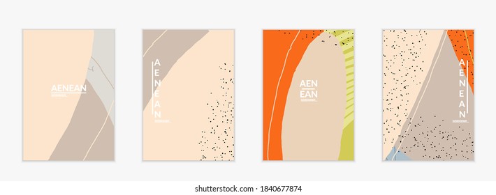 Minimal abstract vector cover template. Organic grunge textured overlapping wavy shapes and lines. Scribbled hand drawn pastel colored background. Striped dotted leaf forms. Contemporary design.