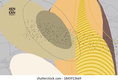 Minimal abstract vector cover template. Organic grunge textured overlapping wavy shapes and lines. Scribbled hand drawn pastel colored background. Striped dotted leaf forms. Contemporary design.