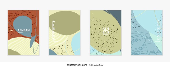 Minimal abstract vector cover template. Organic grunge textured overlapping wavy shapes and lines. Scribbled hand drawn pastel colored background. Striped dotted leaf forms. Contemporary design.