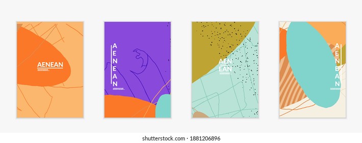 Minimal abstract vector cover template. Organic grunge textured overlapping wavy shapes and lines. Scribbled hand drawn pastel colored background. Striped dotted leaf forms. Contemporary design.