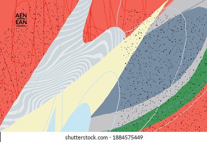 Minimal abstract vector cover template. Organic grunge textured overlapping wavy shapes and lines. Scribbled hand drawn pastel colored background. Striped dotted leaf forms. Contemporary design.