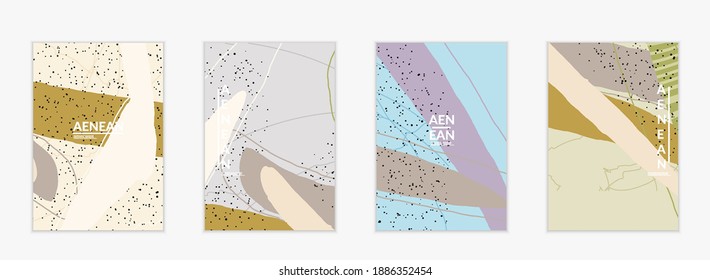 Plantilla mínima de cobertura vectorial abstracta. Grunge orgánico texturado que se solapa con formas y líneas onduladas. Fondo de color pastel dibujado a mano con grillos. Formas de hojas punteadas a rayas. Diseño contemporáneo.