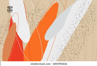 Minimal abstract vector cover template. Organic grunge textured overlapping wavy shapes and lines. Scribbled hand drawn pastel colored background. Striped dotted leaf forms. Contemporary design.