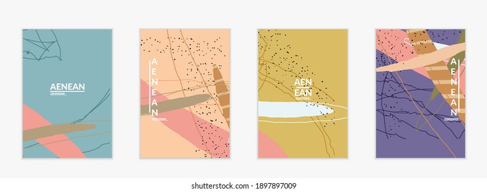 Plantilla mínima de cobertura vectorial abstracta. Grunge orgánico texturado que se solapa con formas y líneas onduladas. Fondo de color pastel dibujado a mano con grillos. Formas de hojas punteadas a rayas. Diseño contemporáneo.