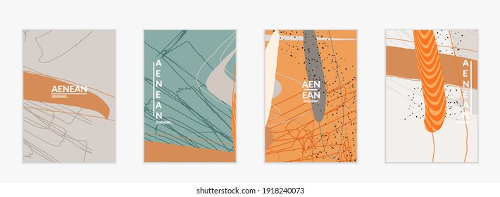 Minimal abstract vector cover template. Organic grunge textured overlapping wavy shapes and lines. Scribbled hand drawn pastel colored background. Striped dotted leaf forms. Contemporary design.