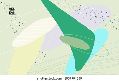 Plantilla mínima de cobertura vectorial abstracta. Grunge orgánico texturado que se solapa con formas y líneas onduladas. Fondo de color pastel dibujado a mano con grillos. Formas de hojas punteadas a rayas. Diseño contemporáneo.