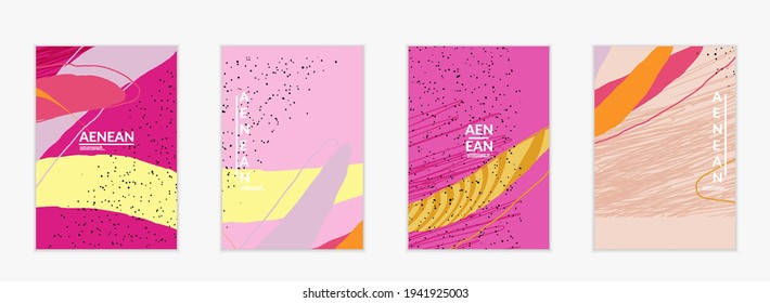 Minimal abstract vector cover template. Organic grunge textured overlapping wavy shapes and lines. Scribbled hand drawn pastel colored background. Striped dotted leaf forms. Contemporary design.