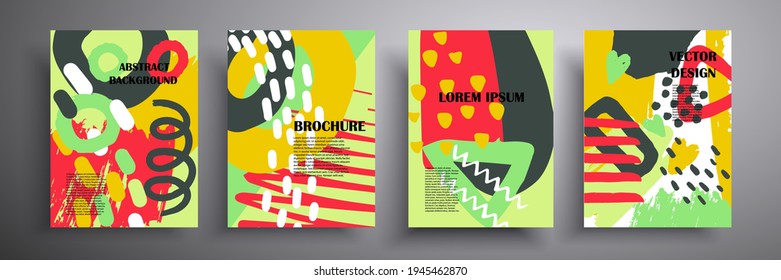 Minimal abstract vector cover template. Colored bright hand-drawn doodles. Modern design for print flyer, business card, menu, poster, website, packaging, cover.