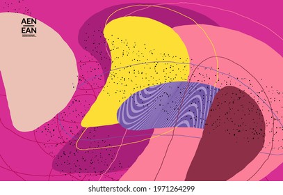Minimal abstract vector cover template. Organic grunge textured overlapping wavy shapes and lines. Scribbled hand drawn pastel colored background. Striped dotted leaf forms. Contemporary design.