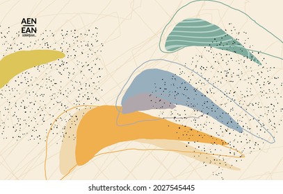 Minimal abstract vector cover template. Organic grunge textured overlapping wavy shapes and lines. Scribbled hand drawn pastel colored background. Striped dotted leaf forms. Contemporary design.