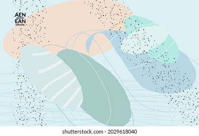 Plantilla mínima de cobertura vectorial abstracta. Grunge orgánico texturado que se solapa con formas y líneas onduladas. Fondo de color pastel dibujado a mano con grillos. Formas de hojas punteadas a rayas. Diseño contemporáneo.