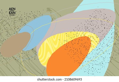 Plantilla mínima de cobertura vectorial abstracta. Grunge orgánico texturado que se solapa con formas y líneas onduladas. Fondo de color pastel dibujado a mano con grillos. Formas de hojas punteadas a rayas. Diseño contemporáneo.